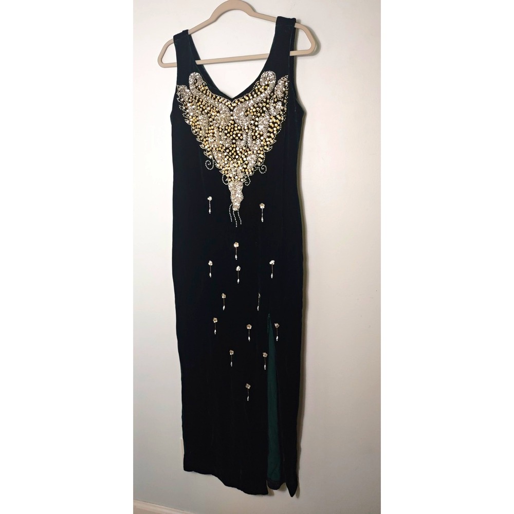 Emerald green Size 10 Velvet Maxi Dress Long Sequin Beaded Rhinestone Size 10
